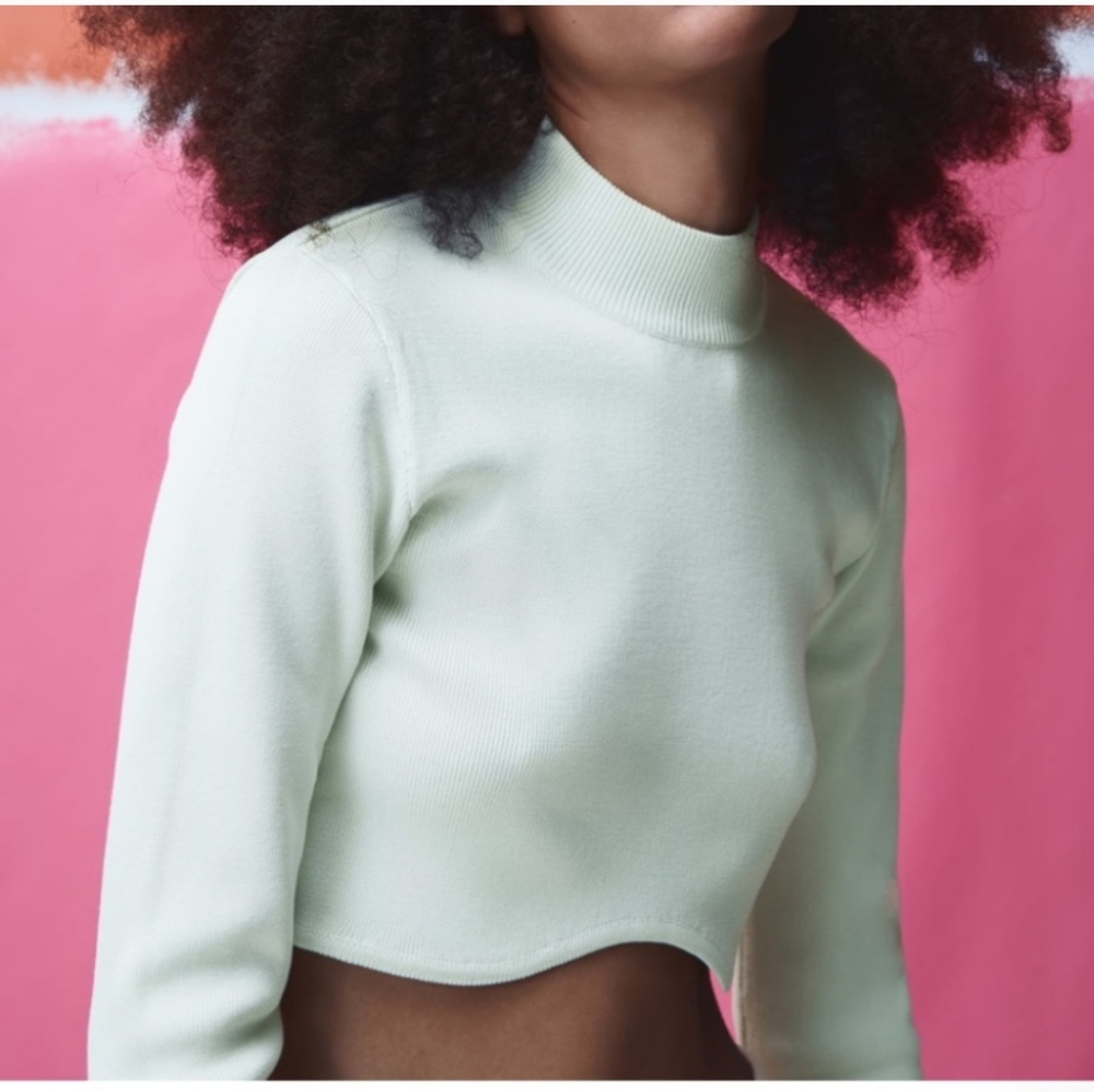 NWT Zara Scalloped Edge Light Green Mint long sleeve knit cropped Knit Sweater M - Picture 6 of 15